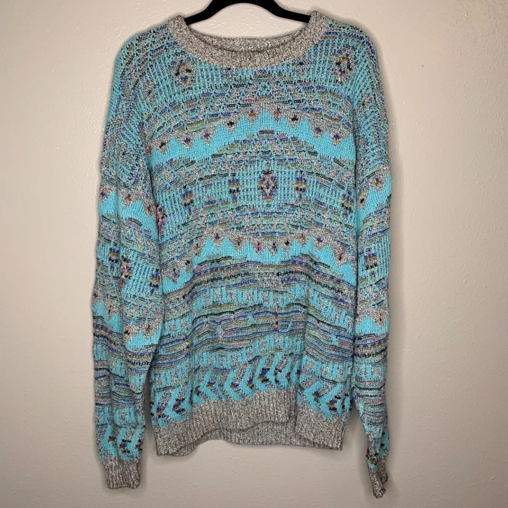 Cotton Club 100% Cotton Tribal Crewneck Pullover Knit Grandpa Sweater Medium Men